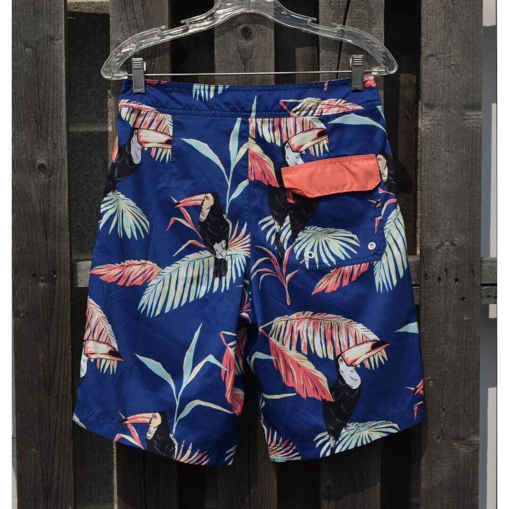 American Eagle Blue Tropical Tucan Print Tie Waist Swim Trunks Shorts Sz XS - Picture 2 of 3
